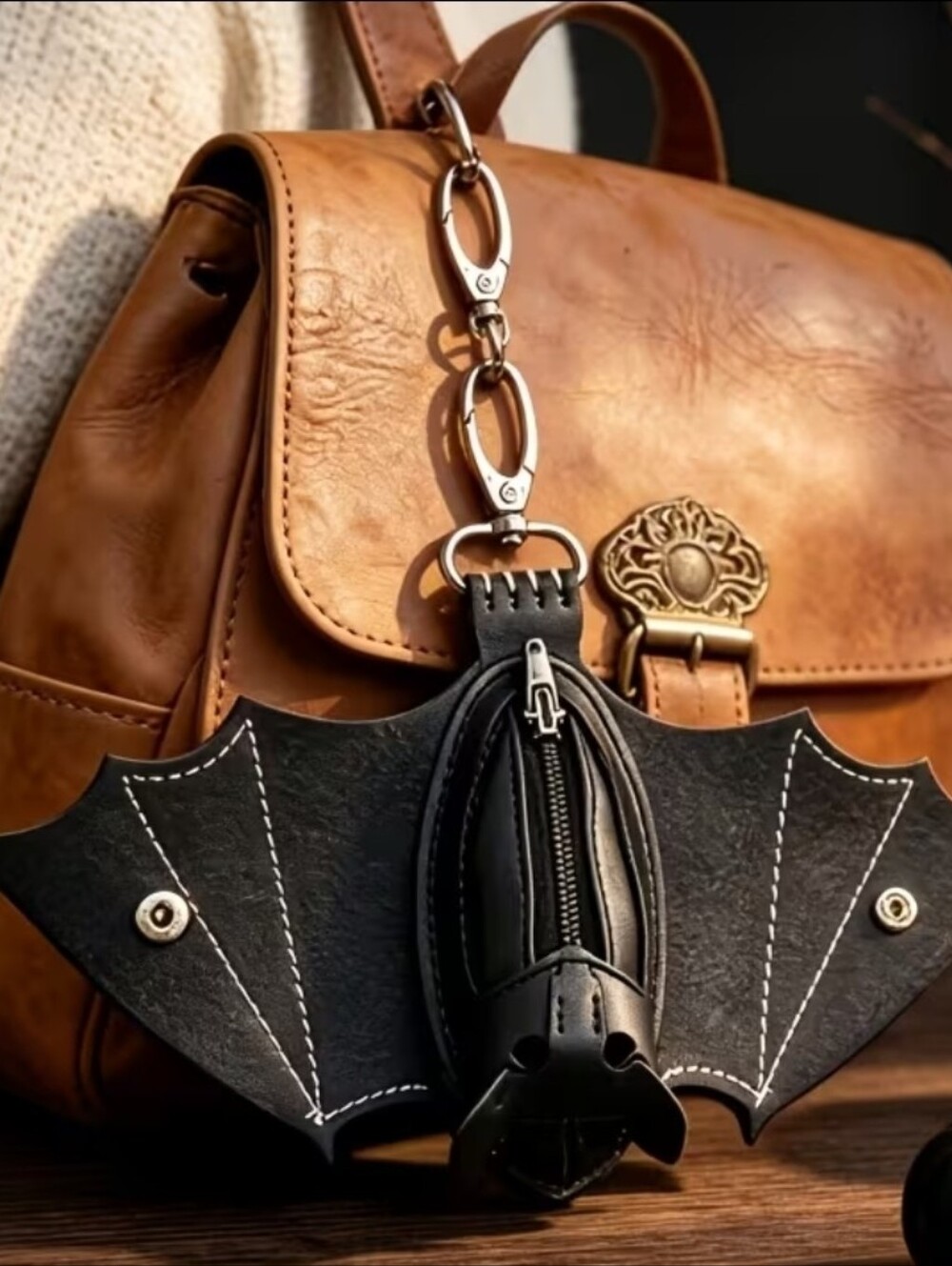 Leather Bat Keychain Change Pouch - Black